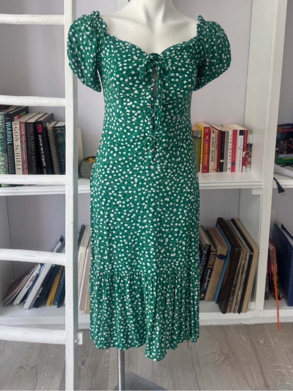 ASOS Green Puff-Sleeve Tie-Front Midi Dress with White Ditsy Print